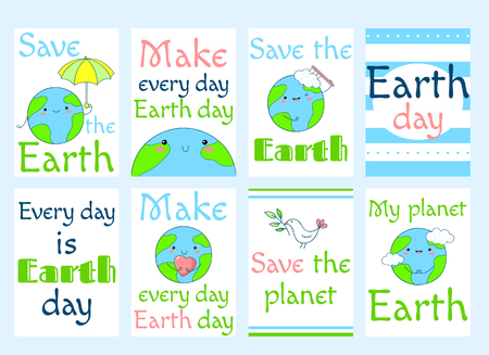 Set of Earth day banners, labels, flyers, stickers, placards with cute planet in kawaii style and inscriptions. Vector template card for greeting, decoration, congratulation, invitation. EPS8のイラスト素材