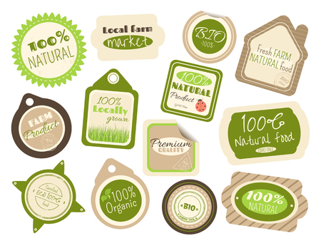 Set of labels and stickers in retro style with letterings for farm food shops. Eco and bio concept. Inscriptions 100% natural, premium quality, certified, GMO free, fresh farm natural food. EPS8のイラスト素材