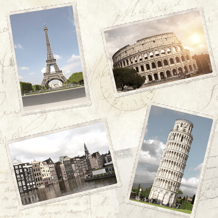 Vintage travel background with retro photos of european landmarks. Eiffel tower in Paris, Leaning Tower of Pisa, Colosseum in Rome, old houses in Amsterdam. Old paper texture with postcardsの写真素材