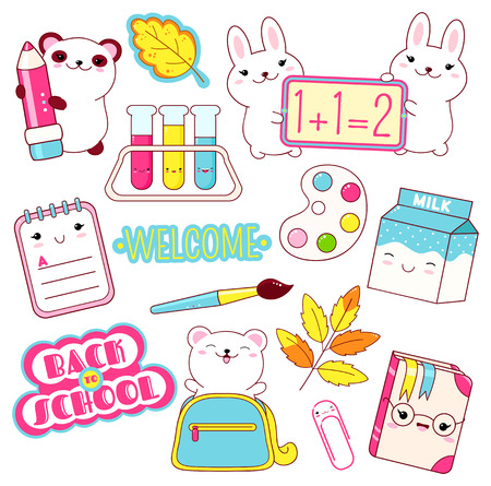 Back to school. Vector set of education icons in cute style. Polar bear in bag, panda with pencil, milk, book, diary, labels, chemistry flask, paint, paintbrush, clip. EPS8のイラスト素材