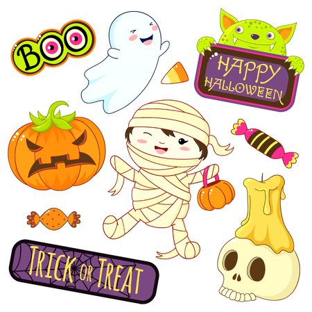 Set of cute Halloween characters and ornaments - boy in mummy costume, ghost, candy, candle on skull, pumpkin, monster, sticker with inscription trick or treat, boo. EPS8のイラスト素材