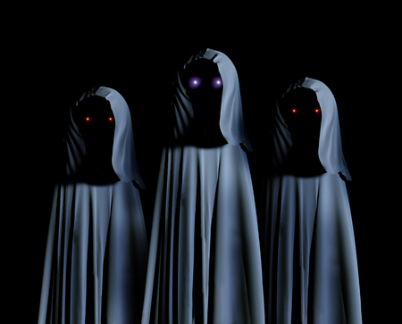 Three spooky monsters in hooded cloaks with glowing eyes. On black background. 3d render