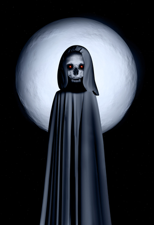 Spooky death in hooded cloak with glowing eyes on night sky background with full moon. Elemens of this image furnished by NASA. 3d renderの写真素材