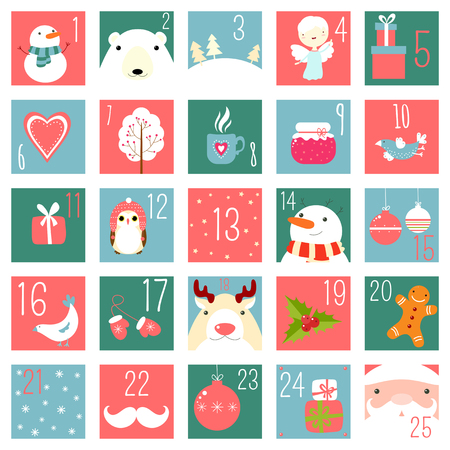 Christmas advent calendar with elements in naive hand drawn style. Set of winter holiday xmas icons with Santa Claus, polar bear, gifts, snowman, snowflake, deer, mittens, angel, owl, bird. EPS8のイラスト素材