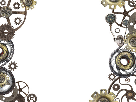 Metallic round frame with vintage machine gears and cogwheel. Isolated on white background. Mock up template. Can be used for steampunk and mechanical designの写真素材