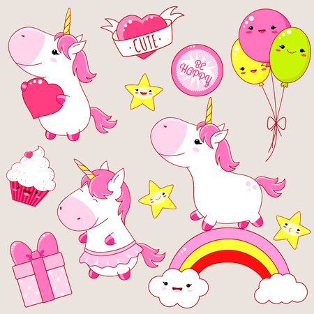 Set of cute unicorns in kawaii style. Unicorn on rainbow, with heart, cupcake, three balloon, star, sticker with inscription be happy. EPS8のイラスト素材