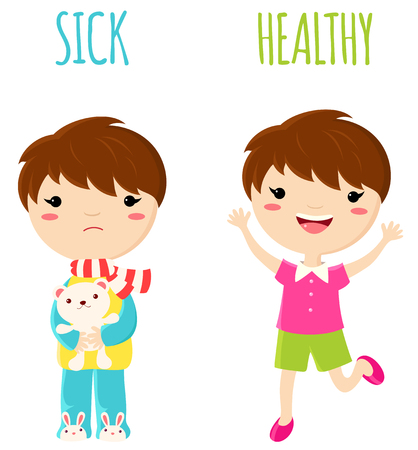 Sick sad little boy in pajamas with toy and cheerful healthy jumping boy. Opposite wordcard for illustration of word sick and healthy. Set of vector cartoon characters. EPS8のイラスト素材