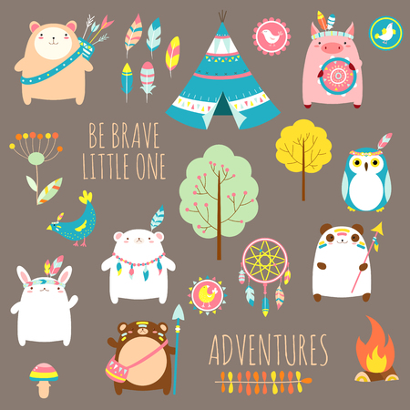 Be brave little one. Vector set of cute woodland tribal animals, birds, tent, wigwam, dream catcher in cartoon style. EPS8のイラスト素材