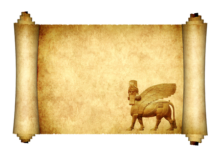 Medieval scroll with lamassu - human-headed winged bull statue, Assyrian protective deity. Isolated on white background. Copy space for text. Mock up template. 3dの写真素材