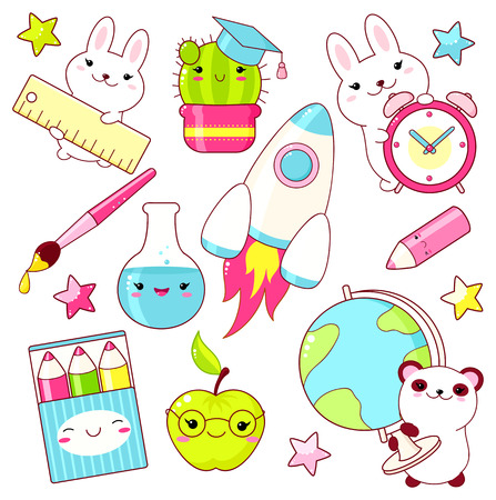 Back to school. Vector set of education icons in kawaii style. Bunny with alarm clock and ruler, panda with globe, pencil, apple, rocket. EPS8のイラスト素材