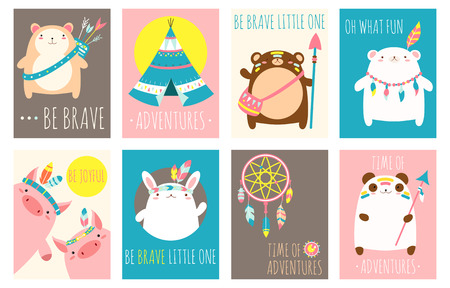 Collection of tribal banner, background, flyer, sticker, placard with cute animals. Vector template card for greeting, decoration, congratulation. Inscription Time of adventures, Be brave little oneのイラスト素材