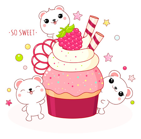 Cute yummy card in kawaii style. Lovely polar bears with raspberry cake. Inscription So sweet. EPS8のイラスト素材