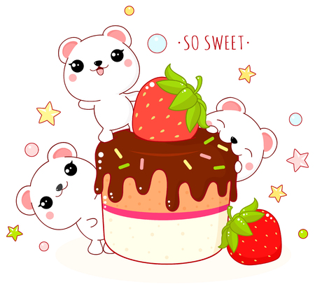 Cute yummy card in kawaii style. Lovely polar bears with strawberry cake with chocolate. Inscription So sweet. EPS8のイラスト素材