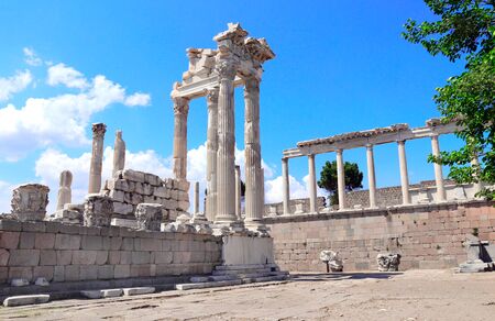 Ruins and columns of Temple of Trajan at Acropolis of Pergamon, Turkey. UNESCO world heritage site