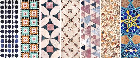 Set of banners with textures of ancient marble, ceramic and stone mosaic with geometric and floral...
