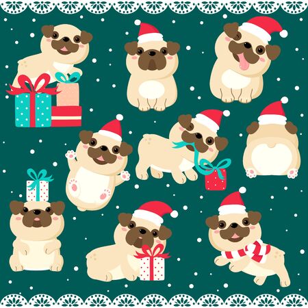 Christmas set with cute pugs dogs. Pugs funny, happy, running, with gift, in xmas Santa hat, sticking out tongue. EPS8のイラスト素材
