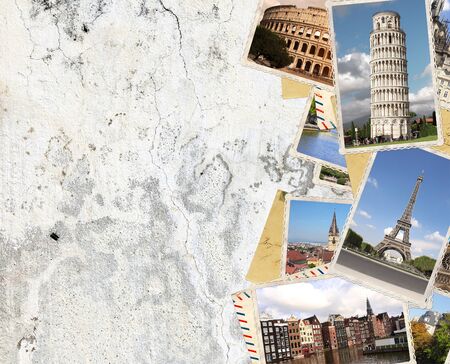Vintage travel background with old stucco wall texture and retro photos of european landmarks. Mock up template. Copy space for textの写真素材