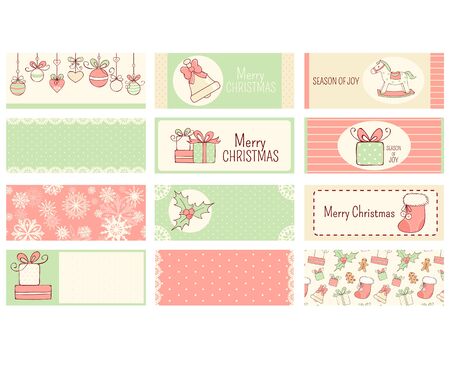 Set of Christmas horizontal gift tag, card, badge, sticker in retro style. Inscription - Merry Christmas, Season of joy. Vector template card for greeting, decoration, congratulation, invitation. EPS8のイラスト素材