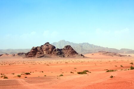 Beautiful landscape with rocky mountains in Wadi Rum desert (Valley of the Moon), Jordan. UNESCO world heritage siteの写真素材