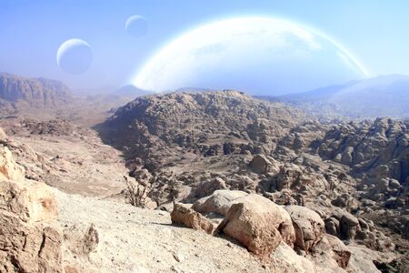 Fantastic landscape with canyon, rock and planets in sky. 3d render. Elements of this image furnished by NASAの写真素材