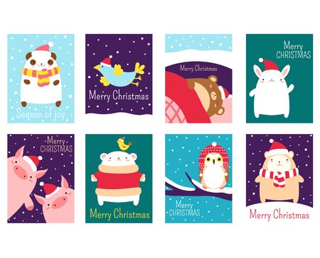 Set of vertical Christmas banner, flyer, placard. Xmas poster, sticker. Vector template card, gift tag, badge for greeting, decoration, congratulation, invitation with cute animal in Santa hatsのイラスト素材