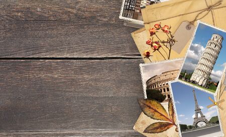 Vintage travel background with old wood planks texture, retro photos of european landmarks, envelope...