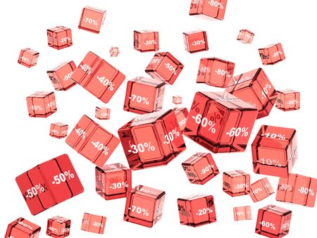 Red glass discount cubes with percents. Sale promotional concept. Objects isolated on white background. 3d renderの写真素材
