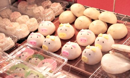 Traditional Chinese animal-shaped mantou buns - pandas, chickens and pigsの写真素材