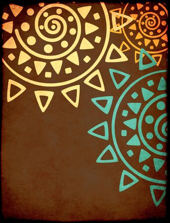 Grunge background with ethnicity ornaments and texture stucco of ochre color. Mock up template. Copy space for textの写真素材