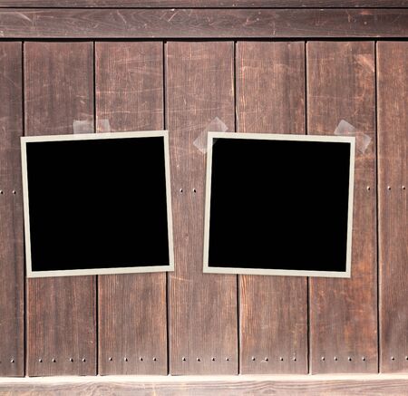 Two retro photos on old wooden wall. Mock up template. Copy space for your text