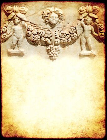 Vertical grunge background with paper texture, cupids and a flower garland. Copy space for text. Mock up templateの写真素材