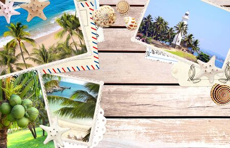 Vintage travel background with old wood planks texture, retro photos, envelopes, label, starfish and...