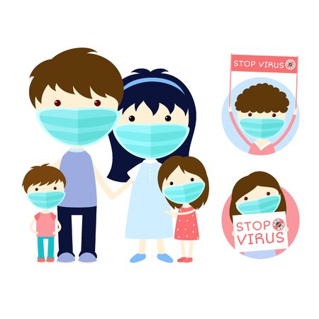 Healthcare and sickness prevention. Family wearing protective medical mask for prevent virus. Dad, mom, daughter, son wearing a surgical mask. Inscription Stop virus.のイラスト素材