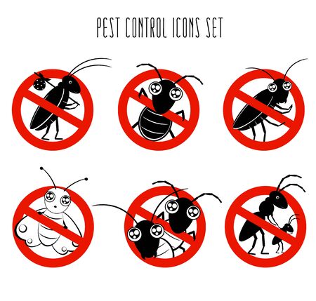 Stop pests concept. Pest control icons set. Collection of signs for informational and institutional related sanitation and care with funny cute cartoon insect in kawaii style. Vector illustration EPS8のイラスト素材