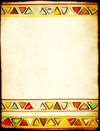 Horizontal or vertical grunge background with ethnicity ornaments and old paper texture. Mock up template. Copy space for textの写真素材