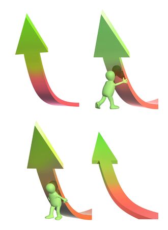 Success concept. Green puppet, supporting the diagram, showing positive results, 3d man supporting an arrow. Isolated on white background. 3d renderの写真素材
