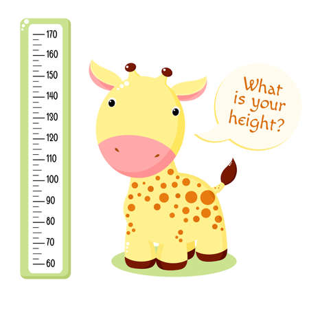 Height chart with cute baby giraffe. Kids meter with cartoon animal. Inscription - What is your height Meter wall or baby scale of growth. Vectorのイラスト素材