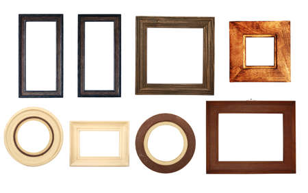 Set of retro wooden photo frames. Collection of vintage wood picture frame of different form (round, square, rectangular). Isolated on white background. Copy space for textの写真素材