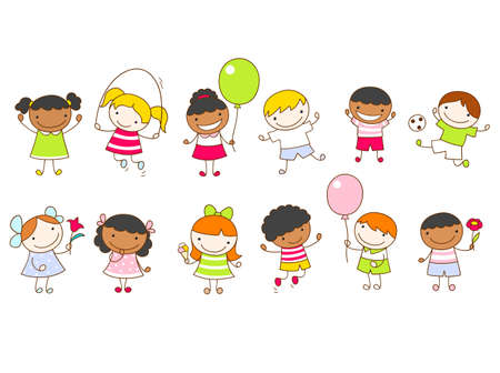 Vector illustration with multi-ethnic group of kids. Multi ethnic children set. Group of cheerful boys and girls. Sketch in doodle style. EPS8のイラスト素材
