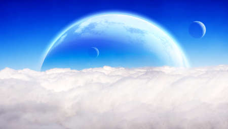 Horizontal banner with fantastic blue sky, white clouds and three planets. 3d render