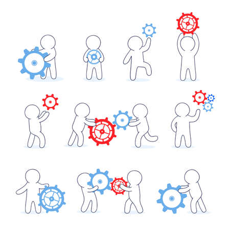 Teamwork, partnership and development concept. Set of white simple puppets  cogwheels. Collection of people  gears. Little mans links of mechanism.のイラスト素材