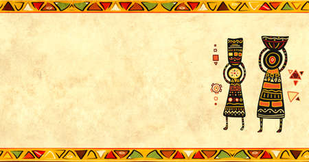 Horizontal banner with woman and girl with a basket on her head and vintage paper texture. Grunge...