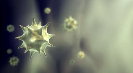 Horizontal banner with viruses under microscope. Fast multiplication of bacteria. Infection and...