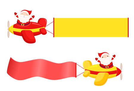 Horizontal Christmas card, poster, banner with cute Santa Claus on airplane. Cartoon light plane with Santa Claus. Santa hurrying up to deliver gift. Mock up template. Copy space for text. Vector EPS8のイラスト素材