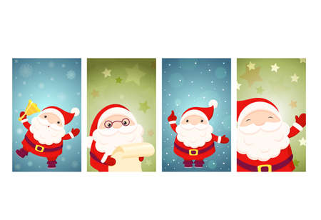 Set of vector Christmas gift tag, card, badge, sticker with Santa Claus. Elements for scrapbooking. Vertical xmas template card for greeting, decoration, congratulation, invitation with cute Santa.のイラスト素材