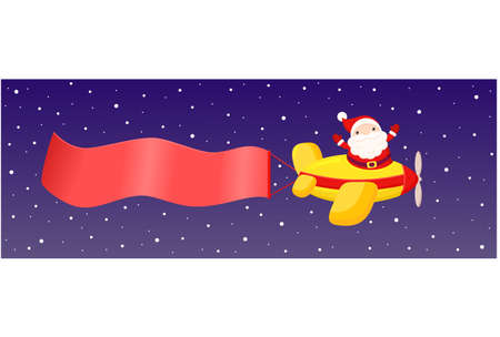Horizontal Christmas card, poster, banner with cute Santa Claus on airplane. Cartoon light plane with Santa Claus. Santa hurrying up to deliver gift. Mock up template. Copy space for text. Vector EPS8のイラスト素材