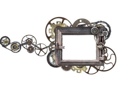 Metallic square frame with vintage machine gears and retro cogwheel. Isolated on white background. Mock up template. Copy space for text. Can be used for steampunk and mechanical designの写真素材