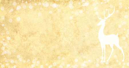 Christmas background with old paper texture of yellow color and deer silhouette. Horizontal xmas backdrop with cute wild deer. Mock up template. Copy space for textの写真素材