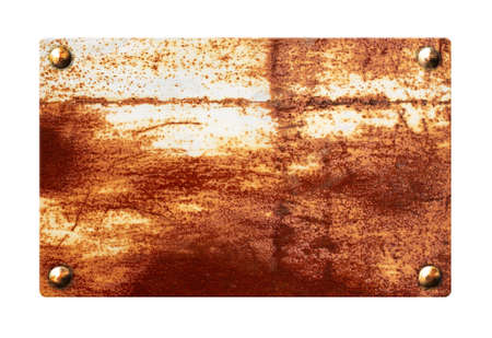 Old metallic plank with rusty texture and vintage nails. Isolated on white background. Mock up template. Copy space for text. 3d renderの写真素材