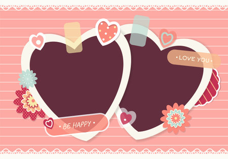 Valentine vintage background with two heart-shaped retro photos, sticker and labels. Mock up template. Copy space for text. Can be used for holiday or wedding scrapbooking design. Vector EPS10のイラスト素材